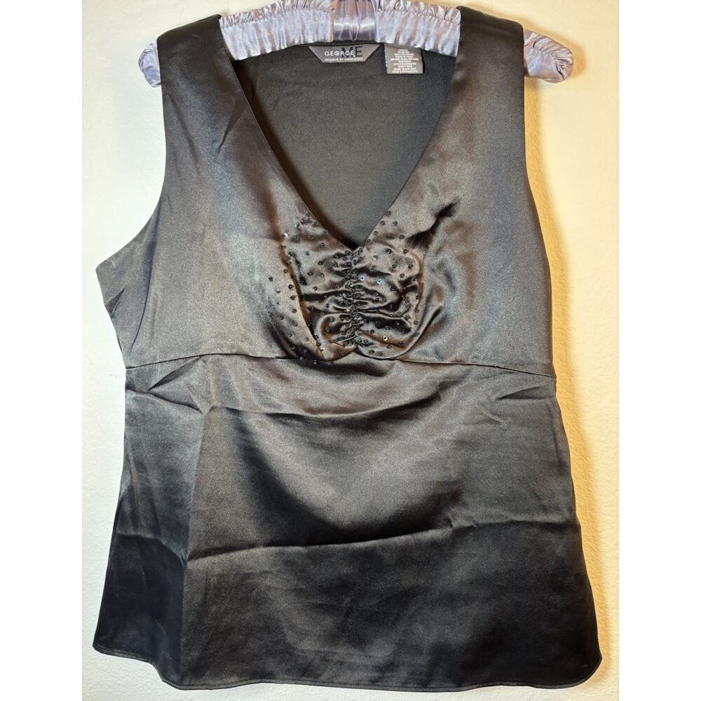 GEORGE & ME By Mark Eisen Sz M Women’s Black Satin Sequined V-Neck Tank Y2K 90's